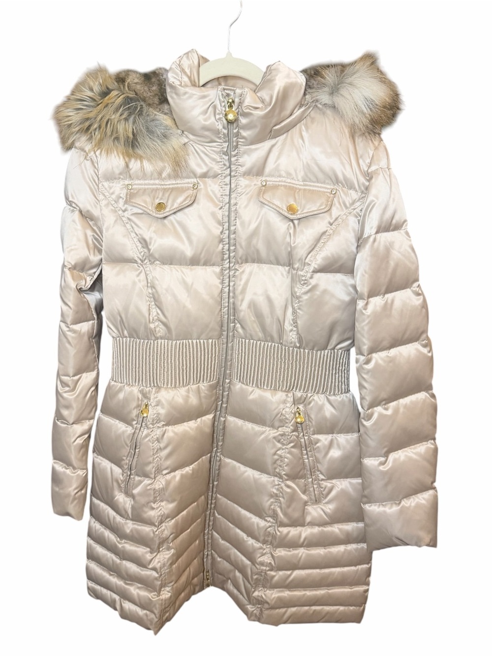 Laundry By Shelli Segal Pearl Beige Puffer Coat with Faux Fur Trim
